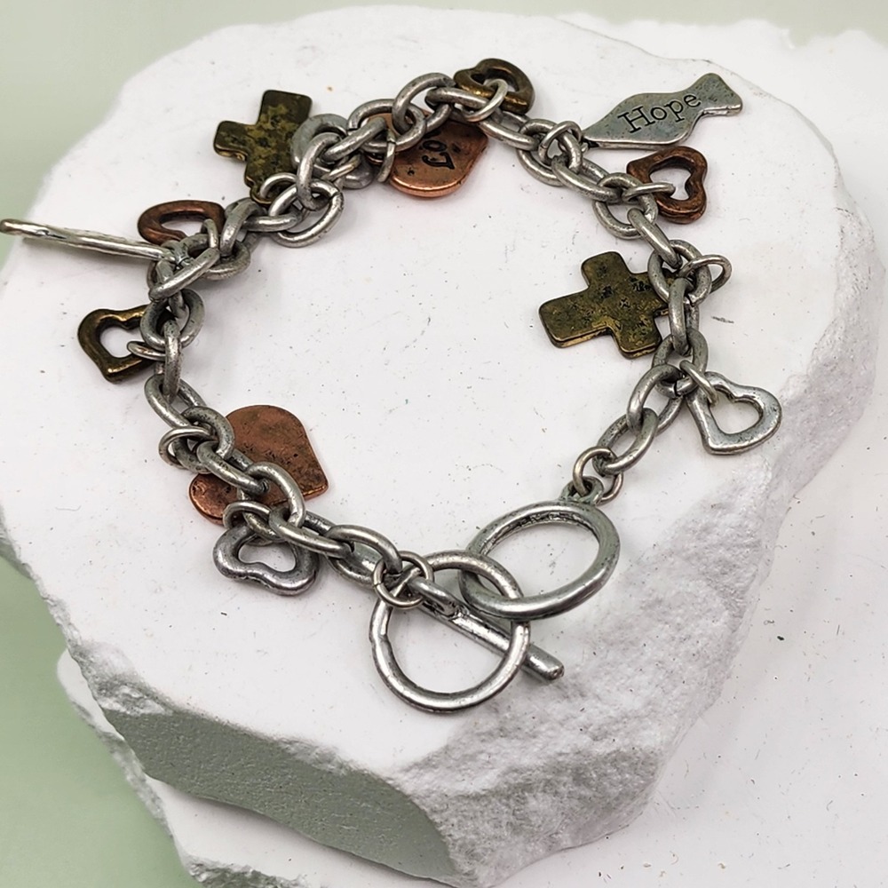 Faith Hope Love Charm Bracelet Mixed Metal Cross Heart Fish Toggle Religious 7"
